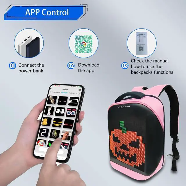 Alt view image 3 of 5 - Crelander LED Backpack, 16 inch Smart Dynamic Daypack with Programmable Screen Laptop Backpack Waterproof Commuter Bag for Travel Riding Work (pink)
