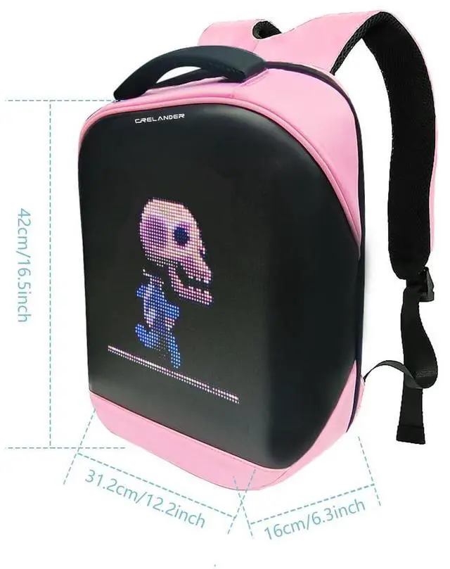 Alt view image 5 of 5 - Crelander LED Backpack, 16 inch Smart Dynamic Daypack with Programmable Screen Laptop Backpack Waterproof Commuter Bag for Travel Riding Work (pink)