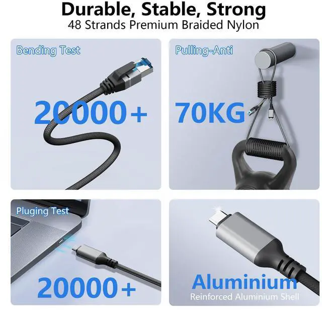 Alt view image 5 of 5 - USB C to Ethernet Cable 25 FT, Gigabit Network, Round Type C to RJ45 LAN Cord, Directly Connected, Thunderbolt 3/4 Compatible, for MacBook Pro/Air, iPhone 15, iPad Pro, Galaxy, Smartphone, Laptop, PC