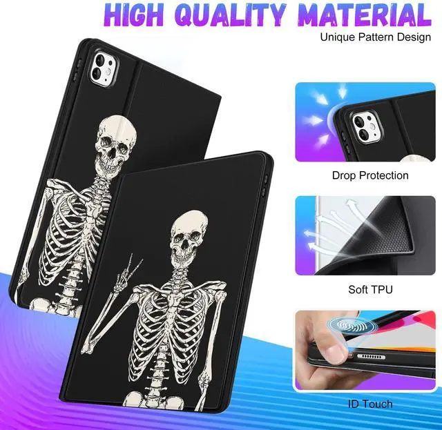 Alt view image 3 of 5 - Uppuppy for iPad Pro 13 Inch Case 2024 - Women Cute Girls Folio Smart Cover with Pencil Holder Funny Skull Skeleton Goth Boys Design for iPad Pro M4 13 Inch Cases A2925 A2926 A3007