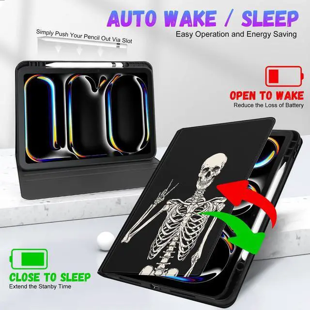 Alt view image 5 of 5 - Uppuppy for iPad Pro 13 Inch Case 2024 - Women Cute Girls Folio Smart Cover with Pencil Holder Funny Skull Skeleton Goth Boys Design for iPad Pro M4 13 Inch Cases A2925 A2926 A3007