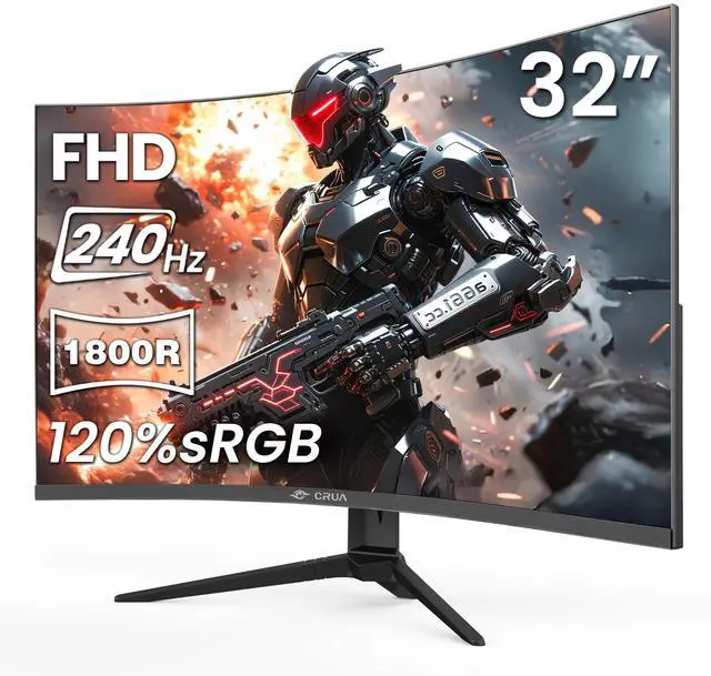Main image of CRUA 32" Curved Gaming Monitor, 240Hz Full HD 1920×1080P VA Panel, 1800R Ultra-Wide Screen, 120% sRGB Color, AMD FreeSync, Low Blue Light, HDMI 2.0 & DP 1.4 Ports, Wall Mountable Installs-Black