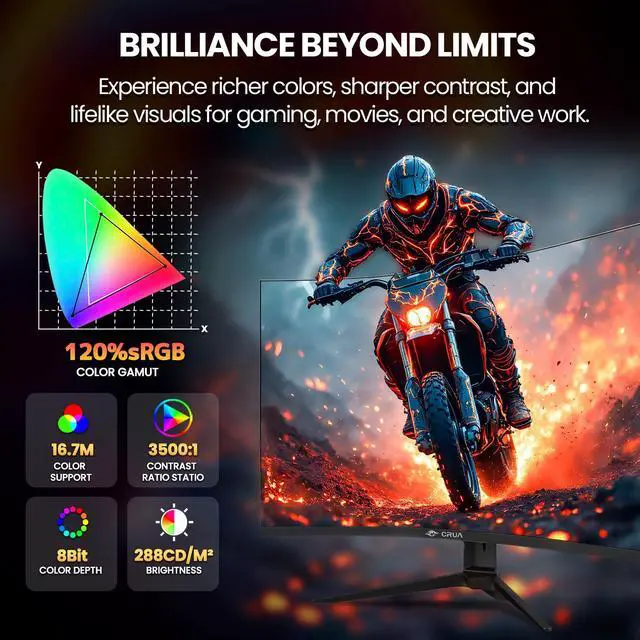 Alt view image 3 of 5 - CRUA 32" Curved Gaming Monitor, 240Hz Full HD 1920×1080P VA Panel, 1800R Ultra-Wide Screen, 120% sRGB Color, AMD FreeSync, Low Blue Light, HDMI 2.0 & DP 1.4 Ports, Wall Mountable Installs-Black