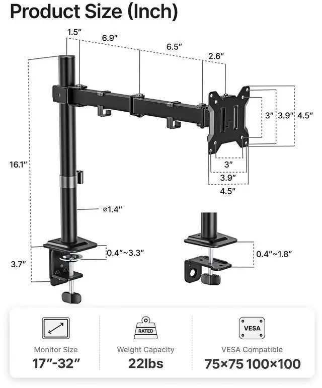 Alt view image 2 of 5 - monTEK Single Monitor Stand for 17-32 inches Screen, Fully Adjustable Monitor Arm Desk Mount up to 22lbs Capacity, Computer Mount with C Clamp and Grommet Base, Max VESA 100x100mm