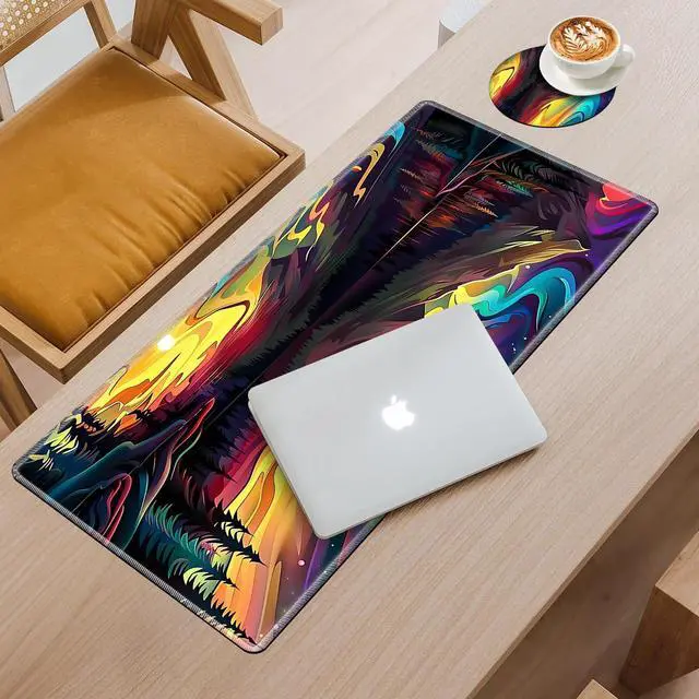 Alt view image 2 of 5 - Tudguiloae Large Gaming Mouse Pad with Coaster Edge Stitching Psychedelic Mountains Forest Keyboard Mouse Mat for Desk Household Extended Desktop Mouse Pad Polyester Surface and Non-Slip Rubber Base