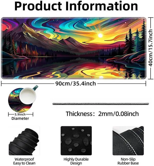 Alt view image 3 of 5 - Tudguiloae Large Gaming Mouse Pad with Coaster Edge Stitching Psychedelic Mountains Forest Keyboard Mouse Mat for Desk Household Extended Desktop Mouse Pad Polyester Surface and Non-Slip Rubber Base