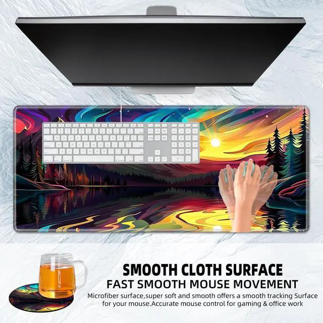 Alt view image 4 of 5 - Tudguiloae Large Gaming Mouse Pad with Coaster Edge Stitching Psychedelic Mountains Forest Keyboard Mouse Mat for Desk Household Extended Desktop Mouse Pad Polyester Surface and Non-Slip Rubber Base