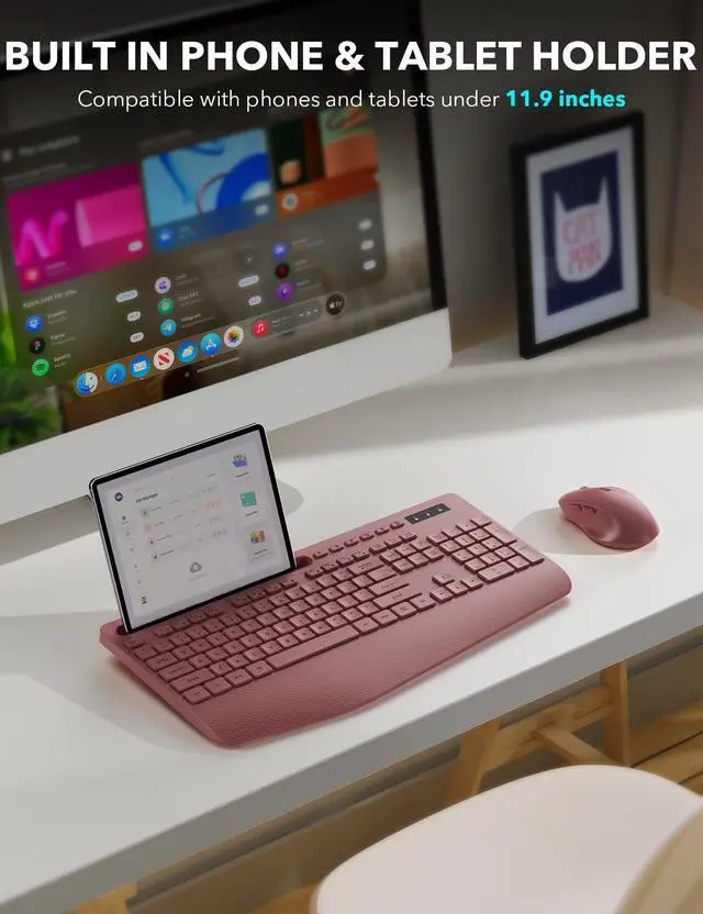 Alt view image 3 of 5 - Wireless Keyboard and Mouse Combo - Full-Sized Ergonomic Keyboard with Wrist Rest, Phone Holder, Sleep Mode, Silent 2.4GHz Cordless Keyboard Mouse Combo for Computer, Laptop, PC, Mac, Windows