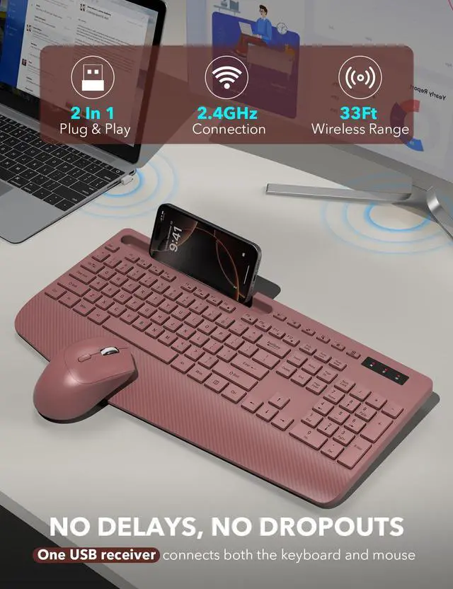 Alt view image 4 of 5 - Wireless Keyboard and Mouse Combo - Full-Sized Ergonomic Keyboard with Wrist Rest, Phone Holder, Sleep Mode, Silent 2.4GHz Cordless Keyboard Mouse Combo for Computer, Laptop, PC, Mac, Windows