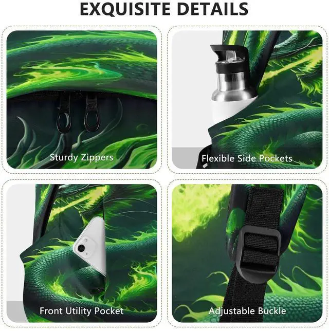 Alt view image 5 of 5 - Green Fire Dragon Travel Backpack for Women Men Laptop Backpack College Bookbag Large Capacity Computer Backpacks for Work Travel