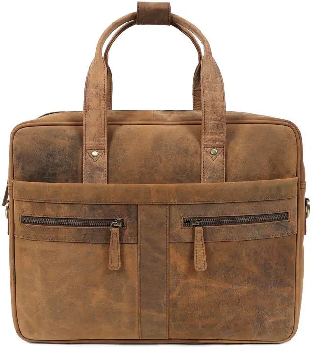 Main image of Elizo Real Leather Messenger Bag for Men & Women, Satchel Bag with Padded Shoulder Strap, Mens Briefcase for Work, School & Travel, 16" Leather Laptop Bag with Compartments, Holders & Pockets (Saddle)