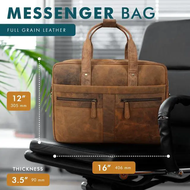 Alt view image 2 of 5 - Elizo Real Leather Messenger Bag for Men & Women, Satchel Bag with Padded Shoulder Strap, Mens Briefcase for Work, School & Travel, 16" Leather Laptop Bag with Compartments, Holders & Pockets (Saddle)