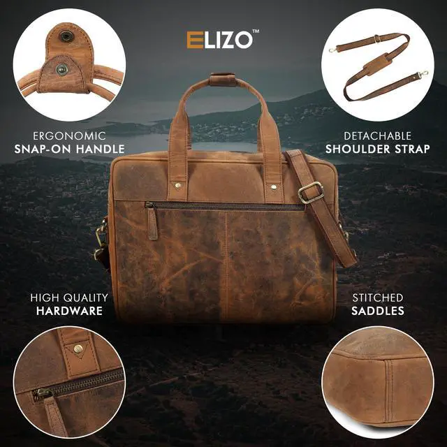 Alt view image 3 of 5 - Elizo Real Leather Messenger Bag for Men & Women, Satchel Bag with Padded Shoulder Strap, Mens Briefcase for Work, School & Travel, 16" Leather Laptop Bag with Compartments, Holders & Pockets (Saddle)