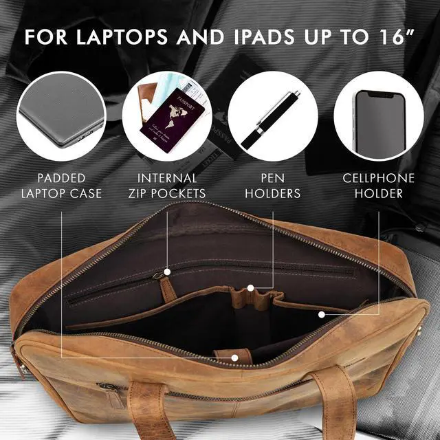 Alt view image 4 of 5 - Elizo Real Leather Messenger Bag for Men & Women, Satchel Bag with Padded Shoulder Strap, Mens Briefcase for Work, School & Travel, 16" Leather Laptop Bag with Compartments, Holders & Pockets (Saddle)