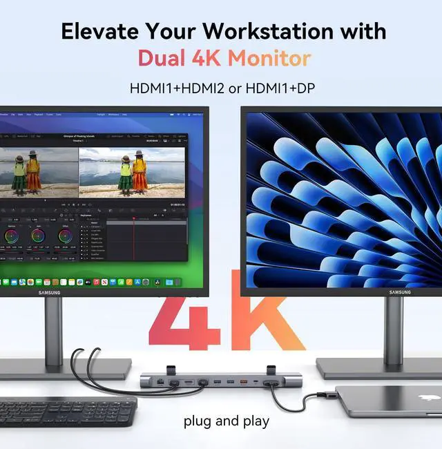 Alt view image 3 of 5 - TobenONE MacBook Docking Station Dual 4K@60Hz Monitor, 16-in-2 USB C Docking Station Stand with 2.5Gbps Ethernet,100W GaN Power Supply, 2 HDMI&DP, 5 USB Ports