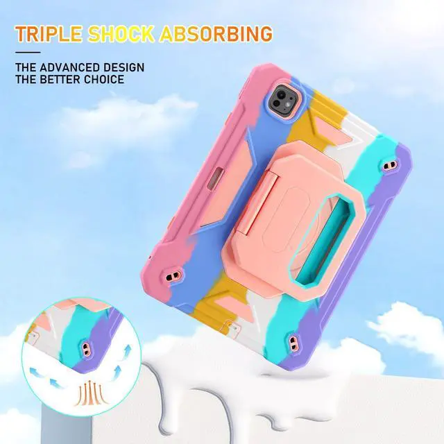 Alt view image 3 of 5 - KCJ for iPad Pro 11 Case (M4) 2024,with Tempered Glass Screen Protector,Cute Protective Case with Folding Stand/Pencil Holder/Shoulder Strap for iPad Pro 11 2024 (5th Generation) (Rainbow)