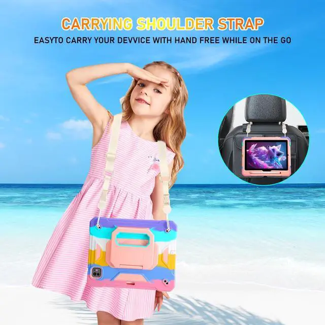 Alt view image 5 of 5 - KCJ for iPad Pro 11 Case (M4) 2024,with Tempered Glass Screen Protector,Cute Protective Case with Folding Stand/Pencil Holder/Shoulder Strap for iPad Pro 11 2024 (5th Generation) (Rainbow)