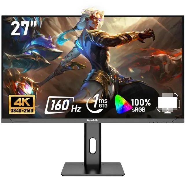 Main image of Gawfolk 27 inch IPS PC Screen, 4K Gaming Monitor 160Hz, 1ms, FreeSync, 100% sRGB, 178° Wide Viewing Angle, HDMI 2.1, DisplayPort,Height-Adjustable and Swivel,75 * 75MM Wall Mount Compatible - Black