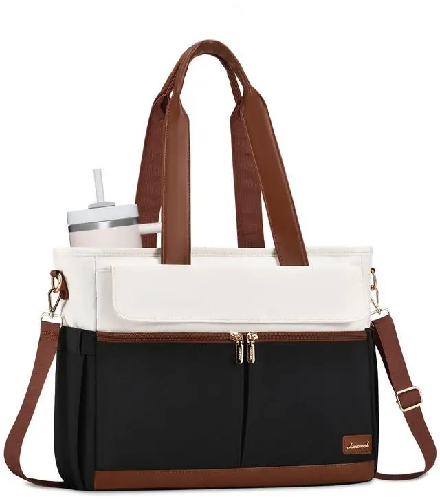 Main image of LOVEVOOK Upgrade Version Work Bags for Women 15.6 Inch Laptop Bag Large Capacity Mutiple Pockets Teacher Bag Water Resistant Canvas Tote Bag Purse for Office Travel College Nurse Teacher, Black Brown