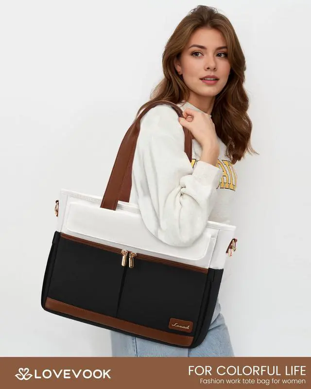 Alt view image 2 of 5 - LOVEVOOK Upgrade Version Work Bags for Women 15.6 Inch Laptop Bag Large Capacity Mutiple Pockets Teacher Bag Water Resistant Canvas Tote Bag Purse for Office Travel College Nurse Teacher, Black Brown