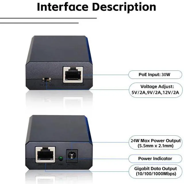 Alt view image 2 of 5 - 2-Pack, 24W 802.3at Gigabit PoE+ Splitter to 5V/9V//12V, (5.5mm x 2.1mm) or Micro USB Power Adapter for Raspberry Pi 2/3B+, Tablets, Security Cameras (with 6pcs Cables)