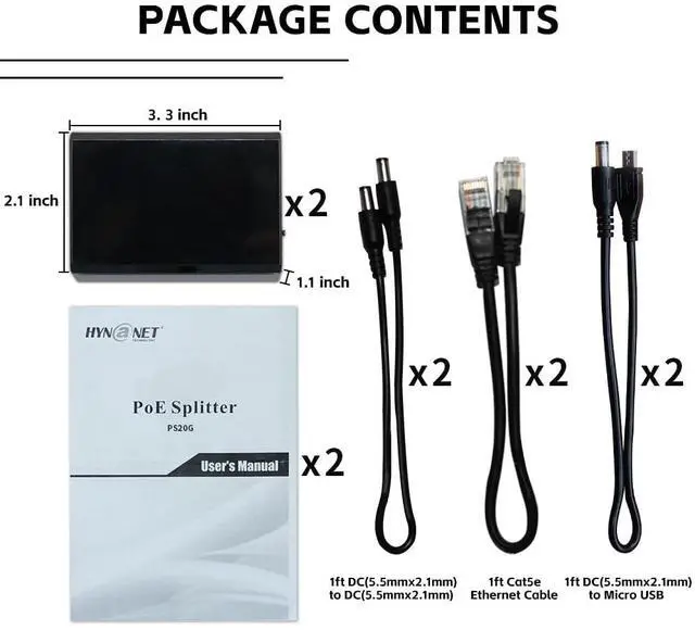 Alt view image 3 of 5 - 2-Pack, 24W 802.3at Gigabit PoE+ Splitter to 5V/9V//12V, (5.5mm x 2.1mm) or Micro USB Power Adapter for Raspberry Pi 2/3B+, Tablets, Security Cameras (with 6pcs Cables)
