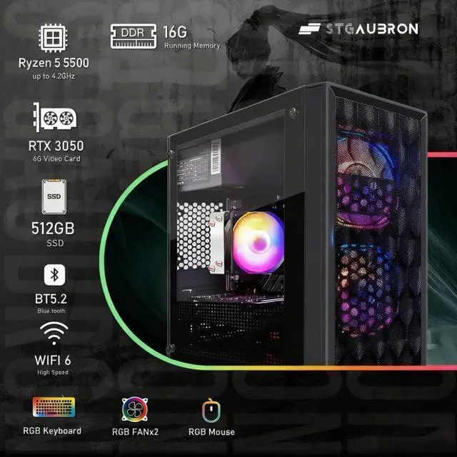 Alt view image 3 of 5 - STGAubron Gaming PC Computer Desktop, AMD Ryzen 5 5500 up to 4.2GHz, GeForce RTX 3050 6G, 16G DDR4, 512G SSD, WiFi 6 5G & BT 5.2, RGB Fan x2, Windows 11 Home