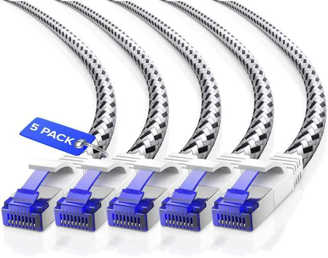 Main image of Cat7 Ethernet Cable 6ft, 5-Pack (White) - Braided High-Speed Network LAN Cables for Gaming, Streaming, Router, Modem, PC, PS5, Xbox - Durable & Tangle-Free Design, 5-Pack