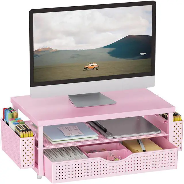 Main image of gianotter Wood Monitor Stand Riser, Desk Organizer with Drawer and 2 Pen Holders, 2-Tier Workspace Organizer for Office Supplies(Pink Wood)