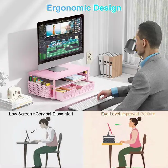 Alt view image 3 of 5 - gianotter Wood Monitor Stand Riser, Desk Organizer with Drawer and 2 Pen Holders, 2-Tier Workspace Organizer for Office Supplies(Pink Wood)