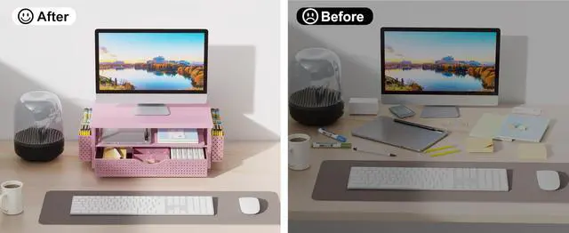 Alt view image 2 of 5 - gianotter Wood Monitor Stand Riser, Desk Organizer with Drawer and 2 Pen Holders, 2-Tier Workspace Organizer for Office Supplies(Pink Wood)