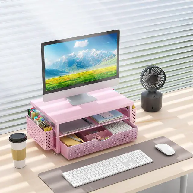 Alt view image 4 of 5 - gianotter Wood Monitor Stand Riser, Desk Organizer with Drawer and 2 Pen Holders, 2-Tier Workspace Organizer for Office Supplies(Pink Wood)