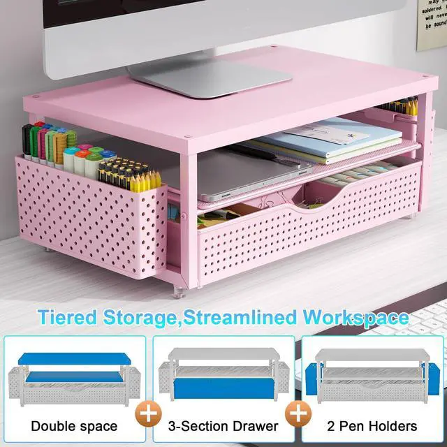 Alt view image 5 of 5 - gianotter Wood Monitor Stand Riser, Desk Organizer with Drawer and 2 Pen Holders, 2-Tier Workspace Organizer for Office Supplies(Pink Wood)