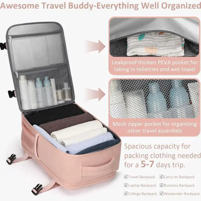 Alt view image 3 of 5 - Tenot Large Travel Backpack for Women Personal Item for Airlines17 Inch Laptop Backpack College Business Work Weekender Hiking Womens Travel Backpack Pink