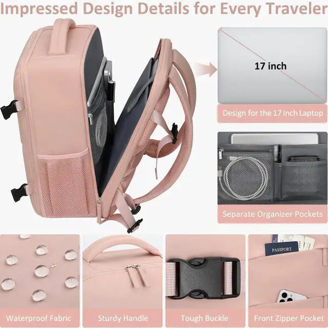 Alt view image 4 of 5 - Tenot Large Travel Backpack for Women Personal Item for Airlines17 Inch Laptop Backpack College Business Work Weekender Hiking Womens Travel Backpack Pink