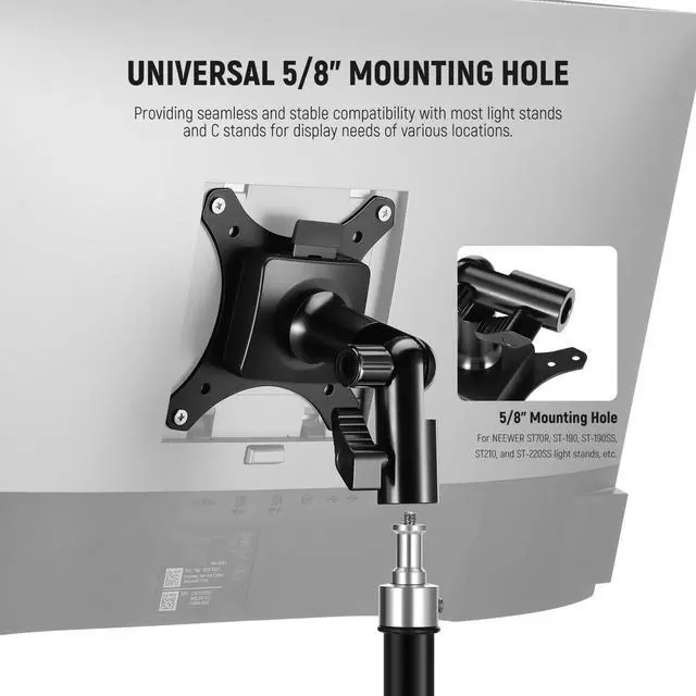 Alt view image 2 of 5 - NEEWER Monitor Mount Adapter with Quick Release VESA Mount, 270° Adjustable Metal 5/8" C Stand Light Stand Adapter for Impact Screen Outdoor TV up to 17-32", Max Load 17.5lb/8kg, MA010