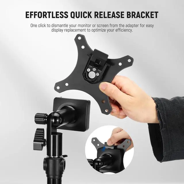 Alt view image 3 of 5 - NEEWER Monitor Mount Adapter with Quick Release VESA Mount, 270° Adjustable Metal 5/8" C Stand Light Stand Adapter for Impact Screen Outdoor TV up to 17-32", Max Load 17.5lb/8kg, MA010