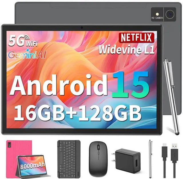 Main image of Suicoey Android 15 Tablet with Keyboard - 10 inch Tablet, 16GB+128GB, 1TB Expand, Octa-Core, 2.4G/5G WiFi, 8000mAh, BT V5.0, GMS, Widevine L1, Split-Screen, with Case, Mouse, Stylus(Pink Case)