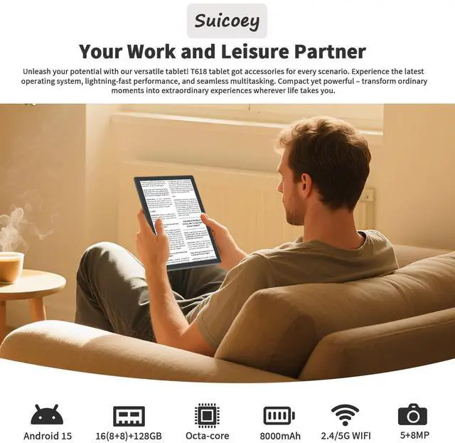 Alt view image 2 of 5 - Suicoey Android 15 Tablet with Keyboard - 10 inch Tablet, 16GB+128GB, 1TB Expand, Octa-Core, 2.4G/5G WiFi, 8000mAh, BT V5.0, GMS, Widevine L1, Split-Screen, with Case, Mouse, Stylus(Pink Case)