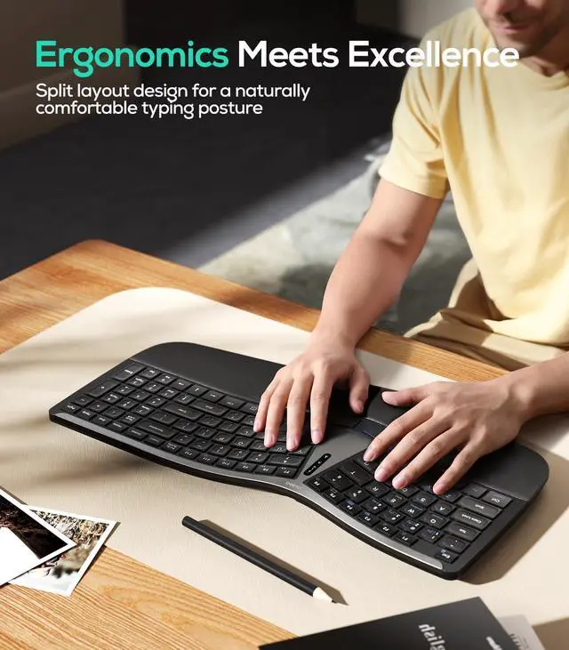 Alt view image 2 of 5 - Nulea RT07B Wireless Ergonomic Keyboard - Split Keyboard, Wrist Rest, Natural Typing, Bluetooth and USB Connectivity, USB-C Rechargeable,Compatible with Windows Mac (Silver Black)