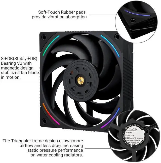 Alt view image 4 of 5 - Thermalright TL-K12 Computer Case CPU Cooler 120mm, PWM Silent With 2150RPM Speed, Black Cooling Fan