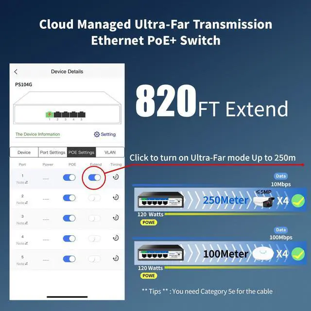 Alt view image 5 of 5 - 5-Port Ethernet PoE Switch (4 PoE Ports, 1 Uplink) with Extend Function, Easy Smart Managed Ethernet Switch, Plug & Play, Fanless Metal Design, VLAN, Qos,Desktop/Wall Mount