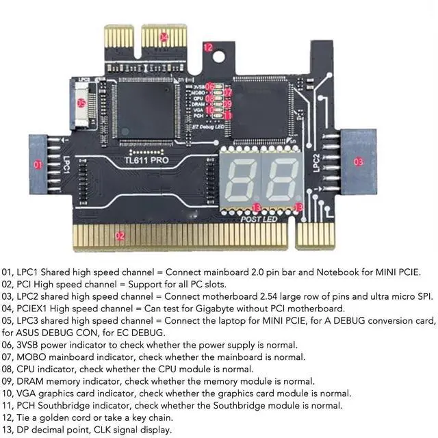 Alt view image 4 of 5 - TL611 Pro Motherboard Diagnostic Card & EC Debug Adapter for Laptop Desktop PCI PCIe Boards Dual Function Testing Tool for Computer Repair