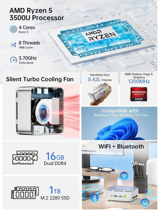 Alt view image 2 of 5 - GMKtec G10 Mini PC Ryzen 5 3500U (Beats N150/N97), 16GB RAM 1TB SSD, 2.5GbE LAN for Desktop Office Home Business HTPC Proxmox, Triple 4K Display, HDMI 2.1, WiFi, BT, USB-C, DP