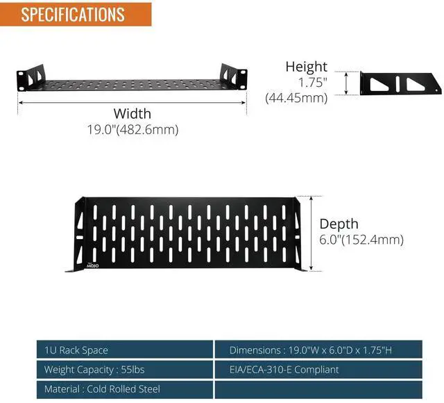 Alt view image 2 of 5 - Tecmojo 1U Rack Shelf,19 inch Width 6 inch Depth,Rack Mount Shelf with Anti-Slip Stops,Server Rack Shelf and Network Shelf for 19 in Equipments, 55lbs Capacity of Vented 1U Shelf,Black,No Lip