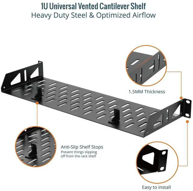 Alt view image 3 of 5 - Tecmojo 1U Rack Shelf,19 inch Width 6 inch Depth,Rack Mount Shelf with Anti-Slip Stops,Server Rack Shelf and Network Shelf for 19 in Equipments, 55lbs Capacity of Vented 1U Shelf,Black,No Lip
