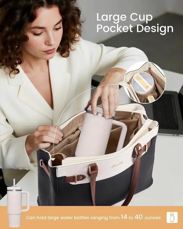 Alt view image 3 of 5 - LOVEVOOK Laptop Tote Bag for Women Work, Teacher Tote Bag Nurse Bag with Large Cup Holder, 15.6 Inch Waterproof Leather Computer Bag Professional Business Office Briefcase, Brown-print