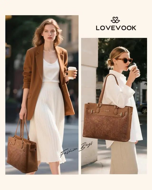 Alt view image 2 of 5 - LOVEVOOK Laptop Tote Bag for Women Work, Teacher Tote Bag Nurse Bag with Large Cup Holder, 15.6 Inch Waterproof Leather Computer Bag Professional Business Office Briefcase, Brown-print