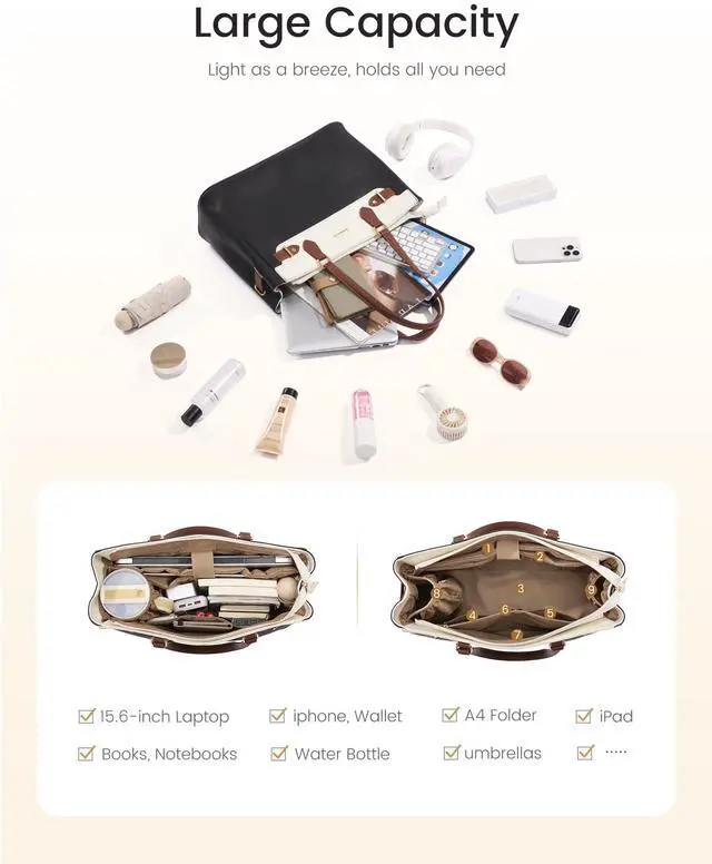 Alt view image 5 of 5 - LOVEVOOK Laptop Tote Bag for Women Work, Teacher Tote Bag Nurse Bag with Large Cup Holder, 15.6 Inch Waterproof Leather Computer Bag Professional Business Office Briefcase, Brown-print