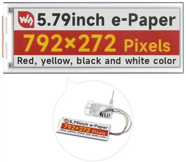 Main image of Waveshare 5.79inch E-Paper Display Module, Compatible with Raspberry Pi 5/4B/3B/Zero/Zero W/Zero 2W/Pico/Pico W/Pico WH, 792x272, E-Ink Display, Red/Yellow/Black/White, SPI Interface